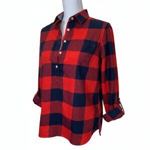 Tommy Hilfiger Plaid Flannel Shirt Womens Small/Petite Red Blue Roll Tab Sleeve